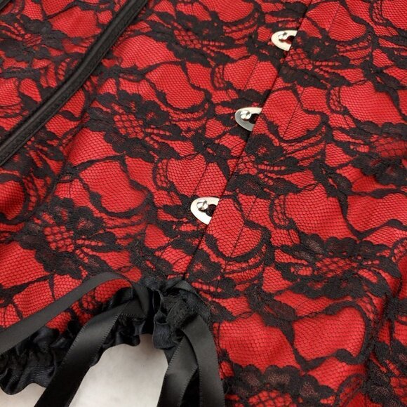 Red Black Corset Floral Lace Bows Boudoir Burlesque Lingerie Plus Size 5XL - Picture 7 of 12